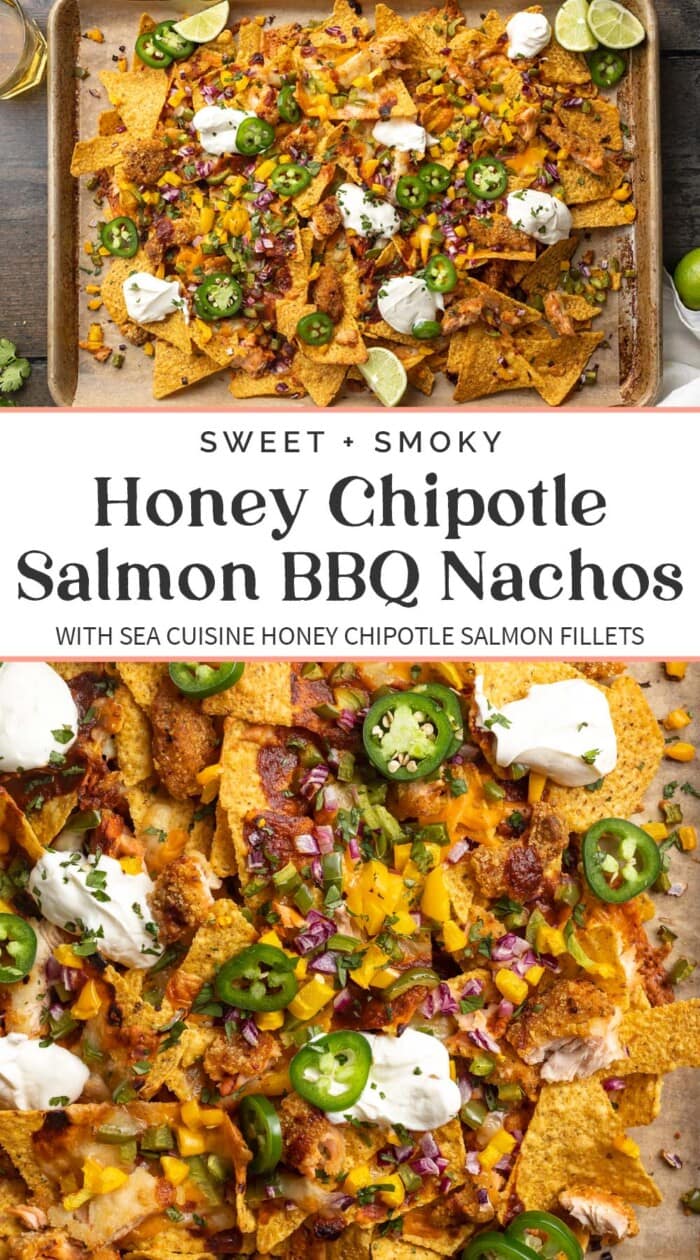 Pin graphic for salmon bbq nachos.