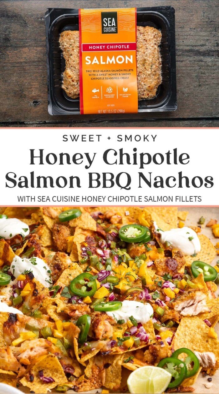 Pin graphic for salmon bbq nachos.