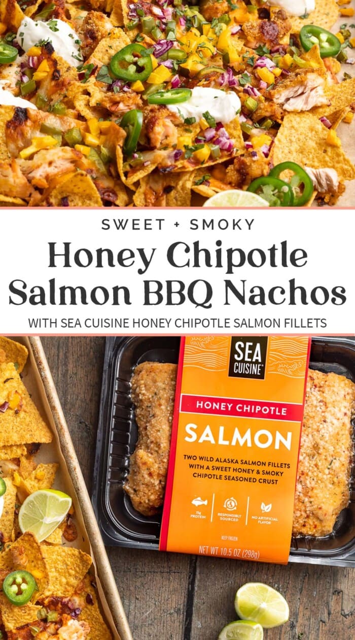 Pin graphic for salmon bbq nachos.