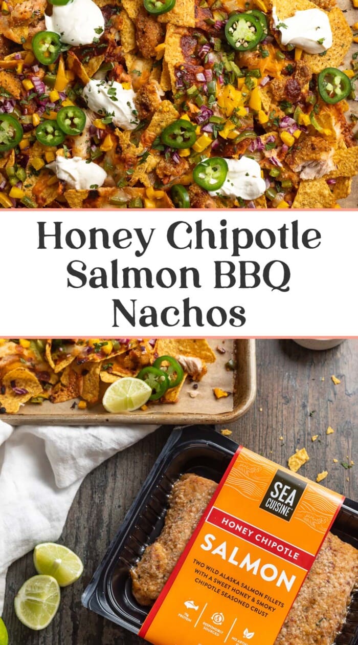 Pin graphic for salmon bbq nachos.