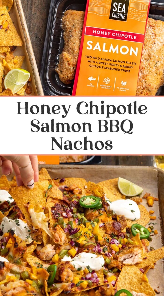 Pin graphic for salmon bbq nachos.