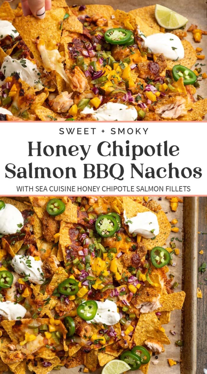 Pin graphic for salmon bbq nachos.