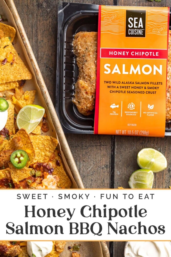 Pin graphic for salmon bbq nachos.