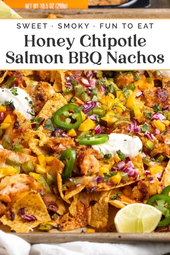 Pin graphic for salmon bbq nachos.