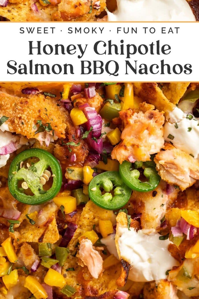 Pin graphic for salmon bbq nachos.