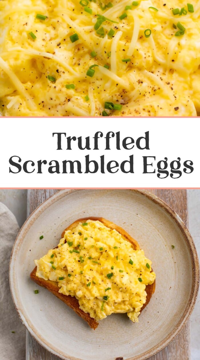 Pin graphic for truffled scrambled eggs.