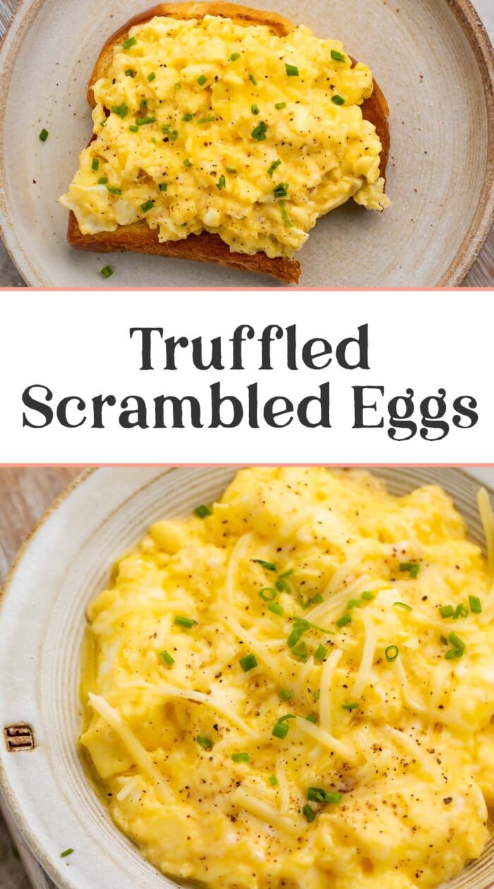 Pin graphic for truffled scrambled eggs.