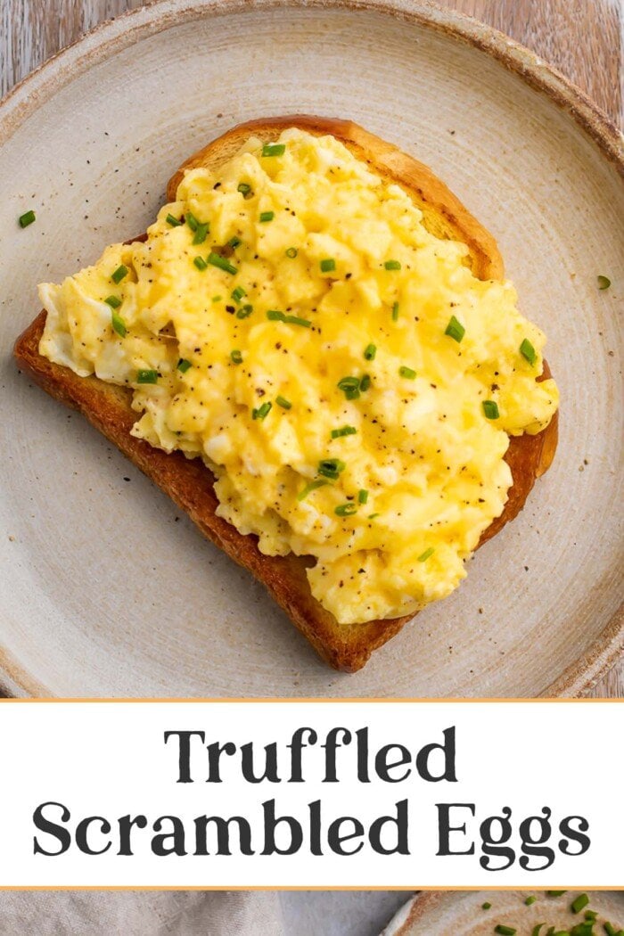 Pin graphic for truffled scrambled eggs.