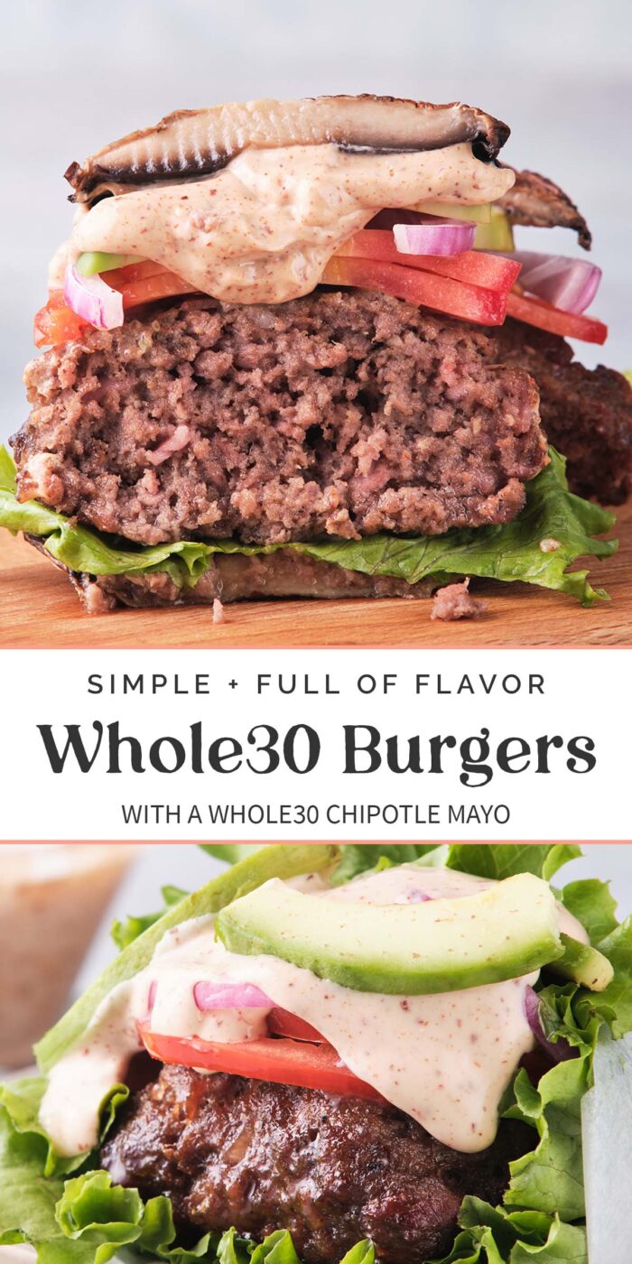 Pin graphic for Whole30 burgers.