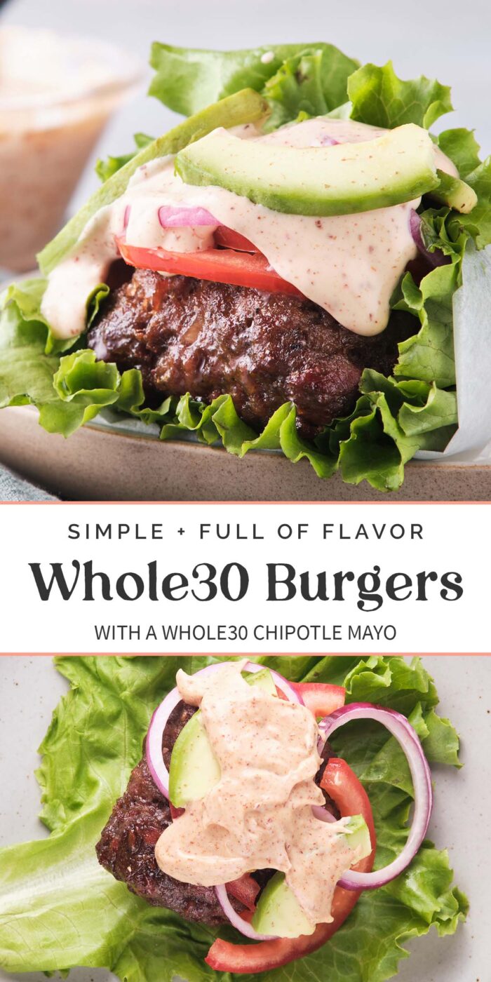 Pin graphic for Whole30 burgers.