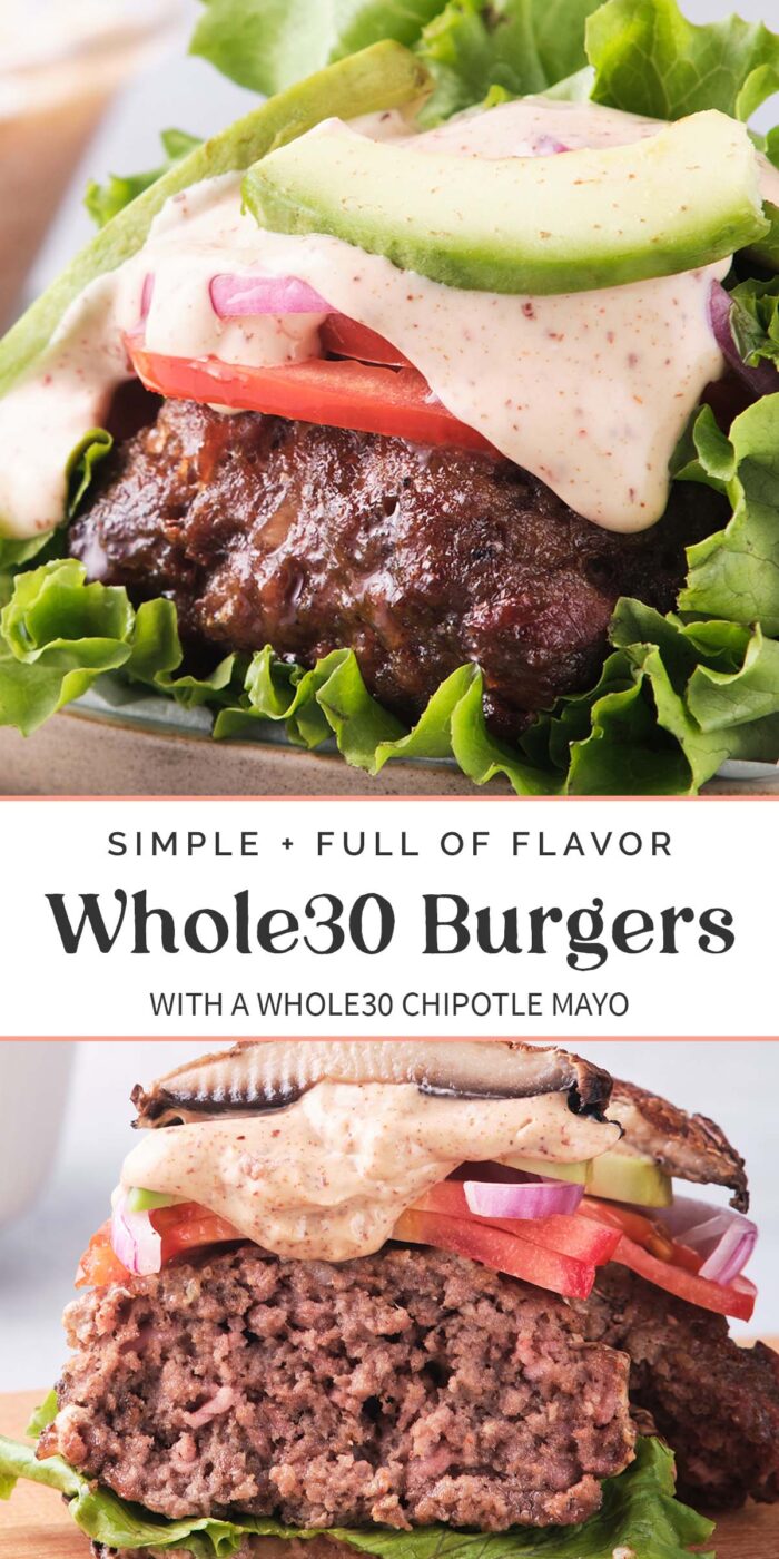 Pin graphic for Whole30 burgers.