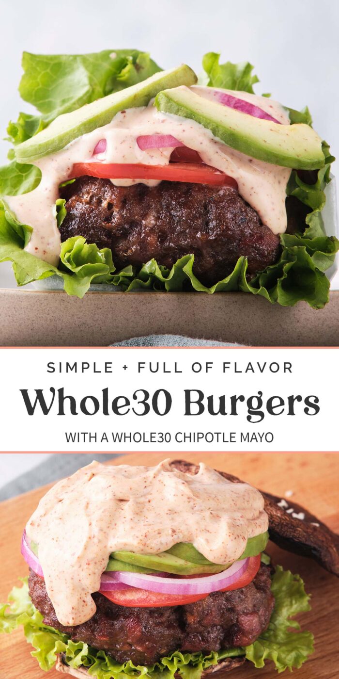 Pin graphic for Whole30 burgers.