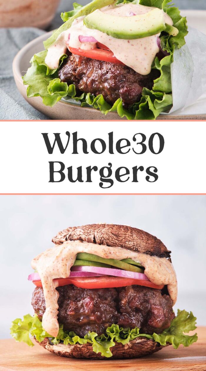 Pin graphic for Whole30 burgers.