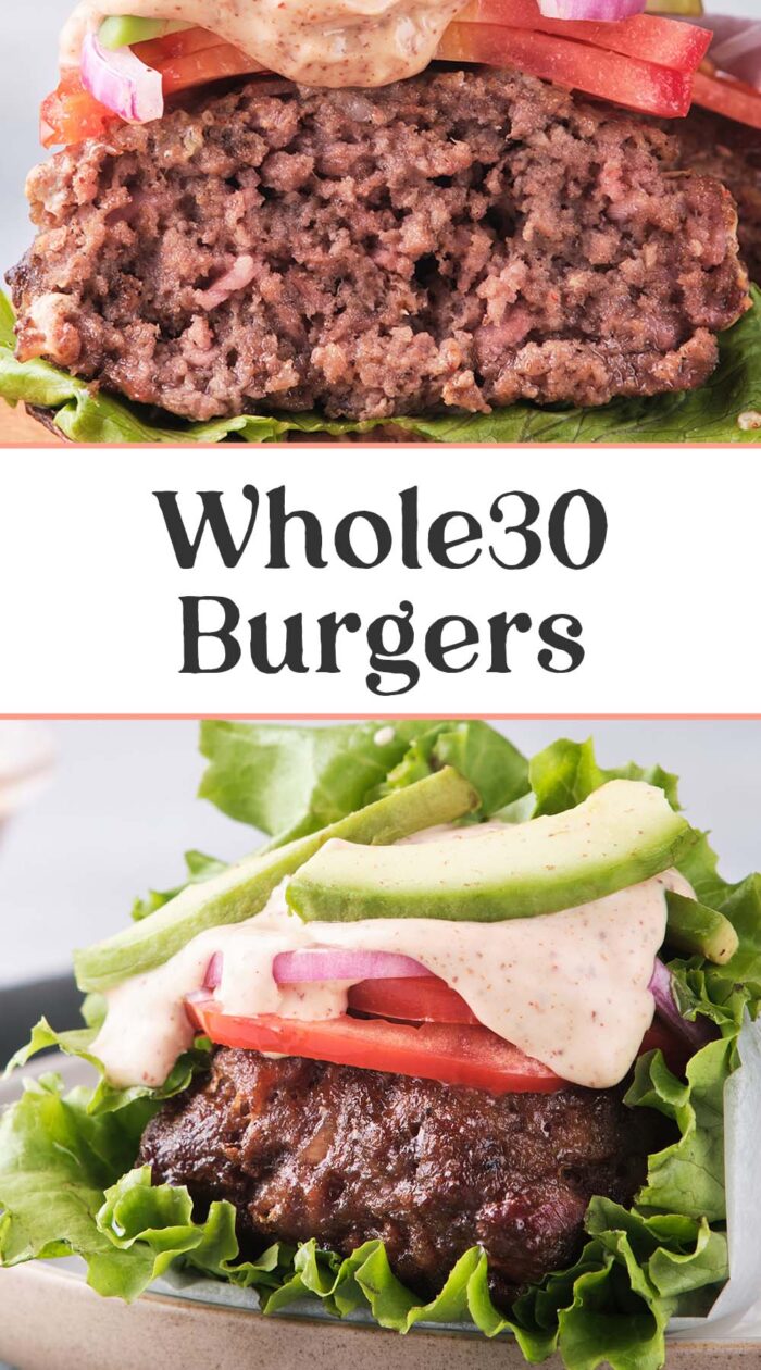 Pin graphic for Whole30 burgers.