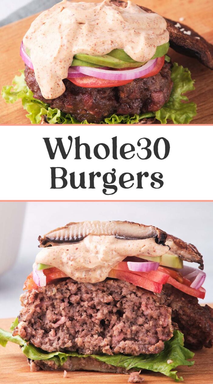 Pin graphic for Whole30 burgers.