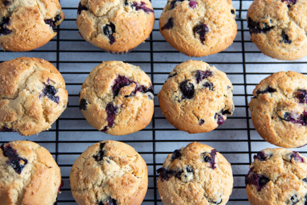 Overhead view of a dozen gluten free blueberry muffins on a wire cooling rack.