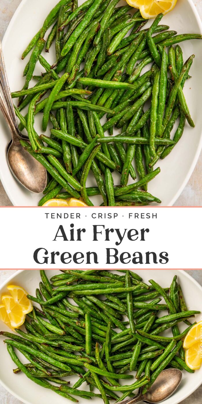 Pin graphic for air fryer green beans.