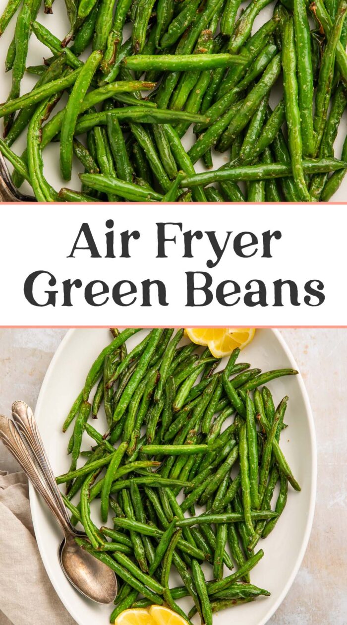 Pin graphic for air fryer green beans.