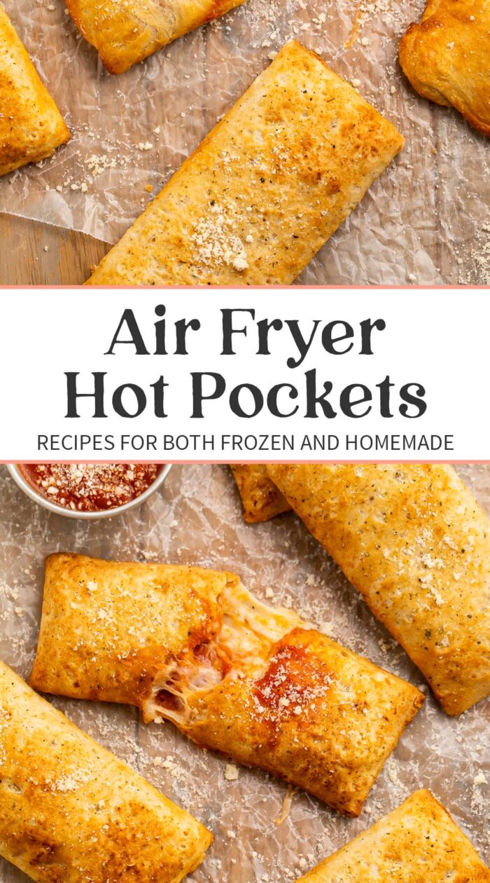 Pin graphic for air fryer hot pockets.