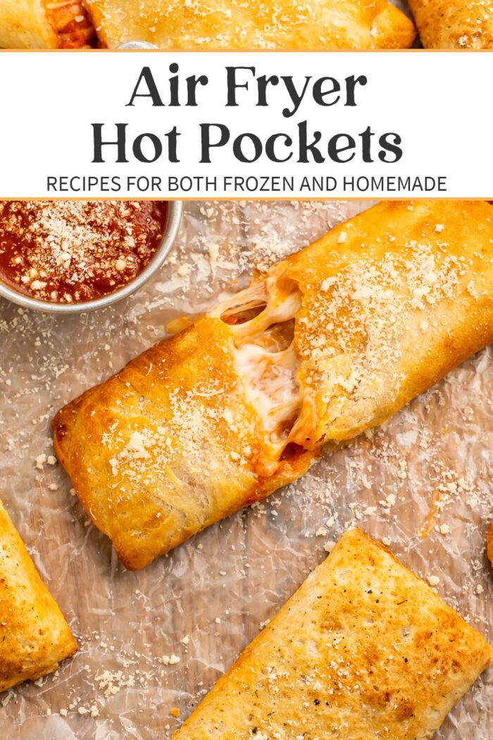 Pin graphic for air fryer hot pockets.