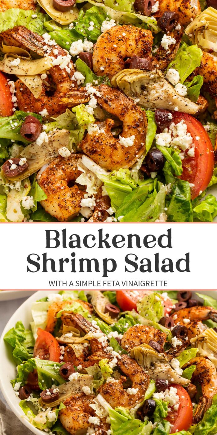 Pin graphic for blackened shrimp salad.