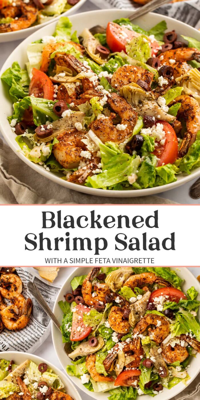 Pin graphic for blackened shrimp salad.