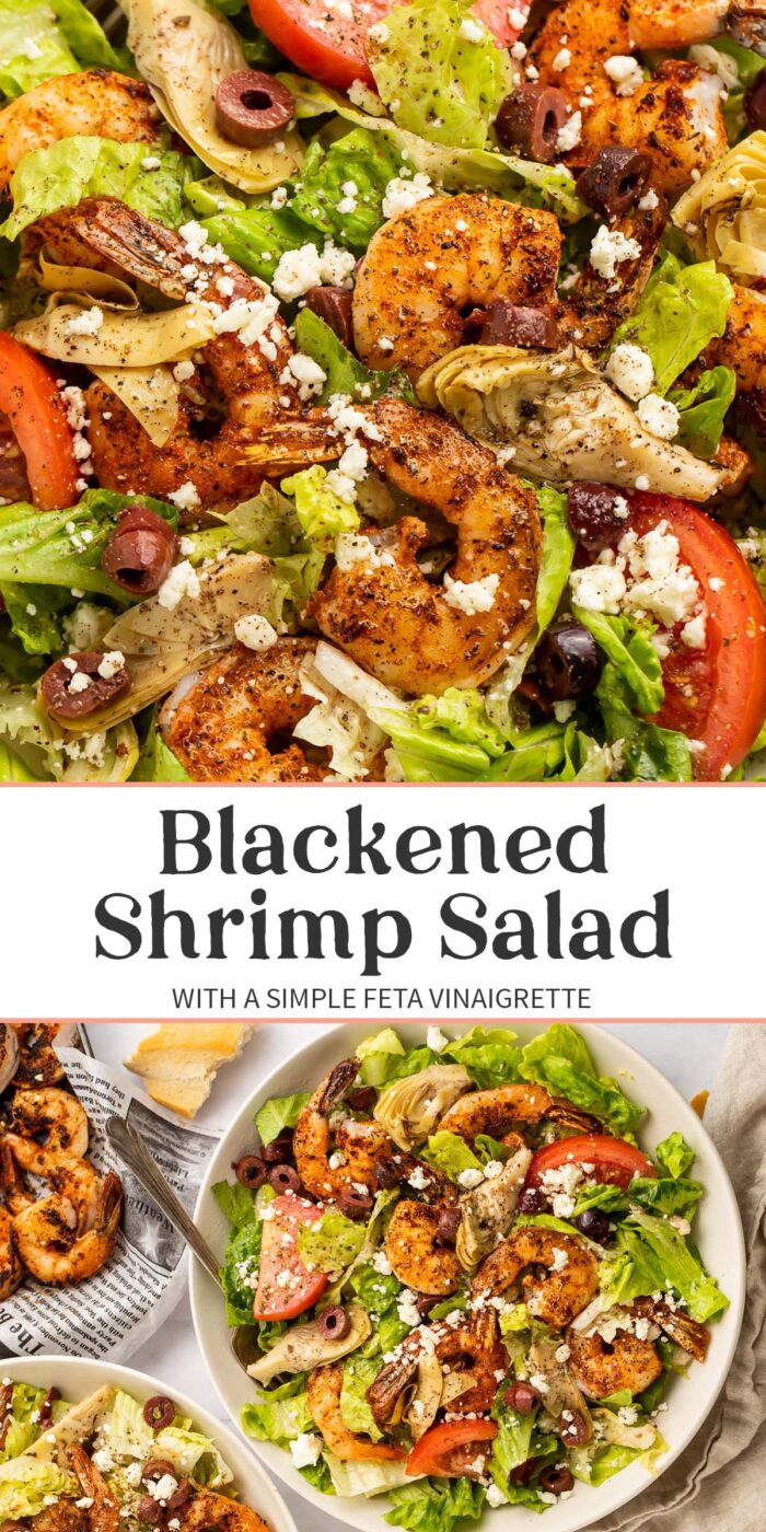 Pin graphic for blackened shrimp salad.