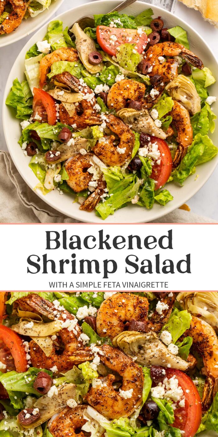 Pin graphic for blackened shrimp salad.