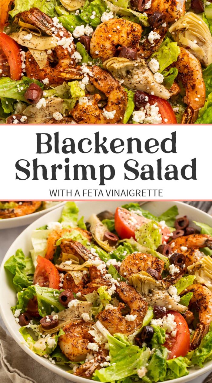 Pin graphic for blackened shrimp salad.