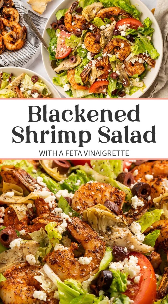 Pin graphic for blackened shrimp salad.