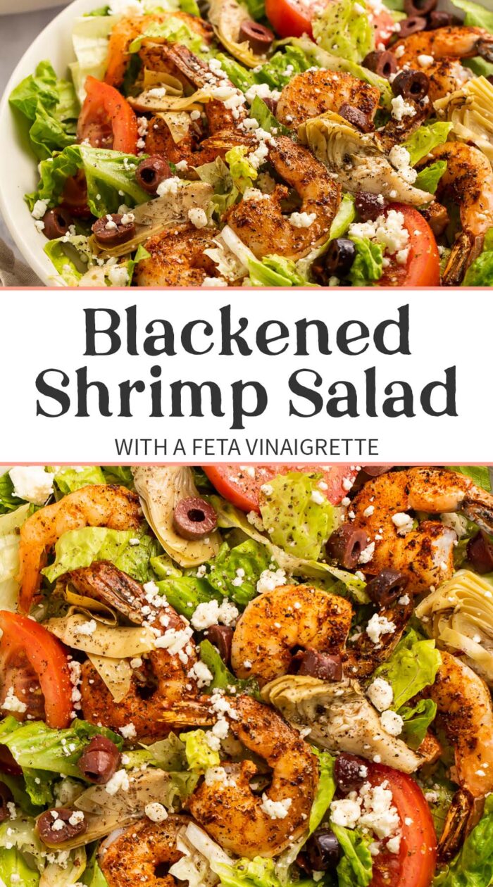 Pin graphic for blackened shrimp salad.