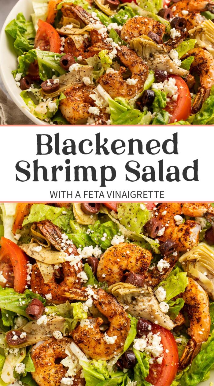 Pin graphic for blackened shrimp salad.