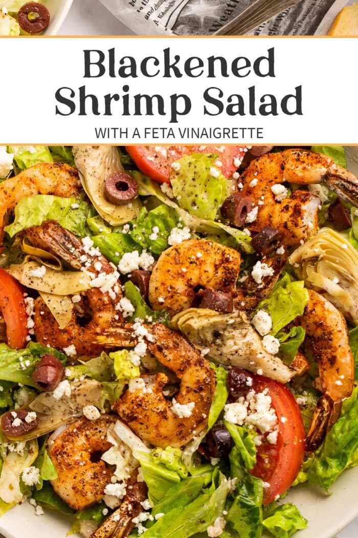 Pin graphic for blackened shrimp salad.