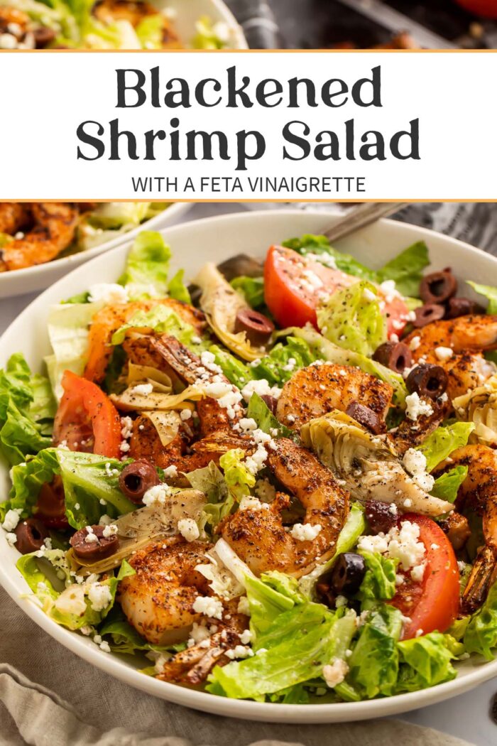 Pin graphic for blackened shrimp salad.