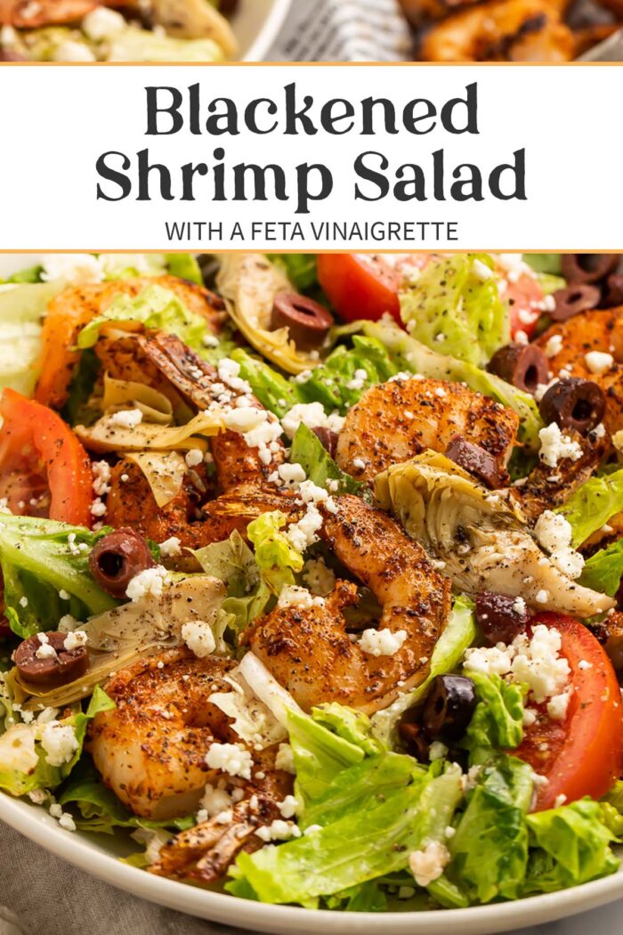 Pin graphic for blackened shrimp salad.