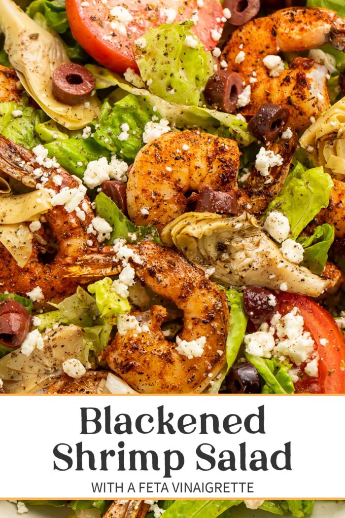 Pin graphic for blackened shrimp salad.