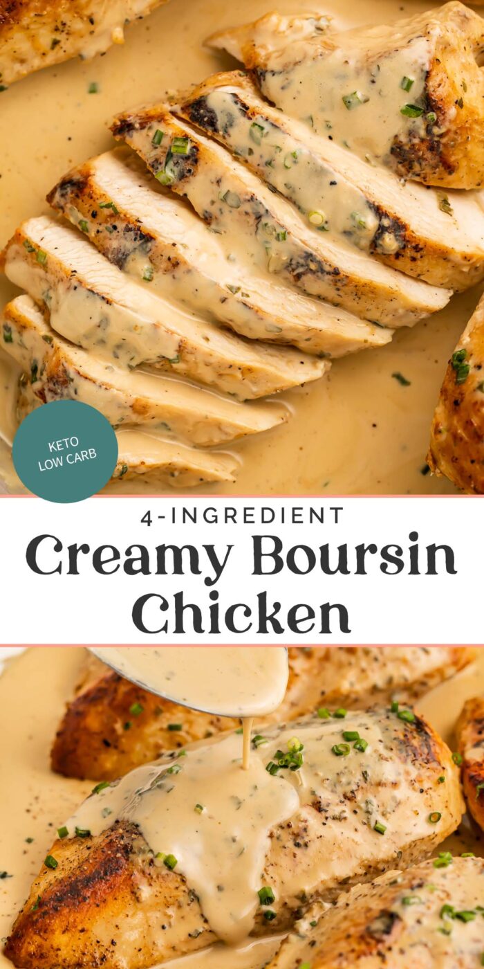 Pin graphic for creamy boursin chicken.