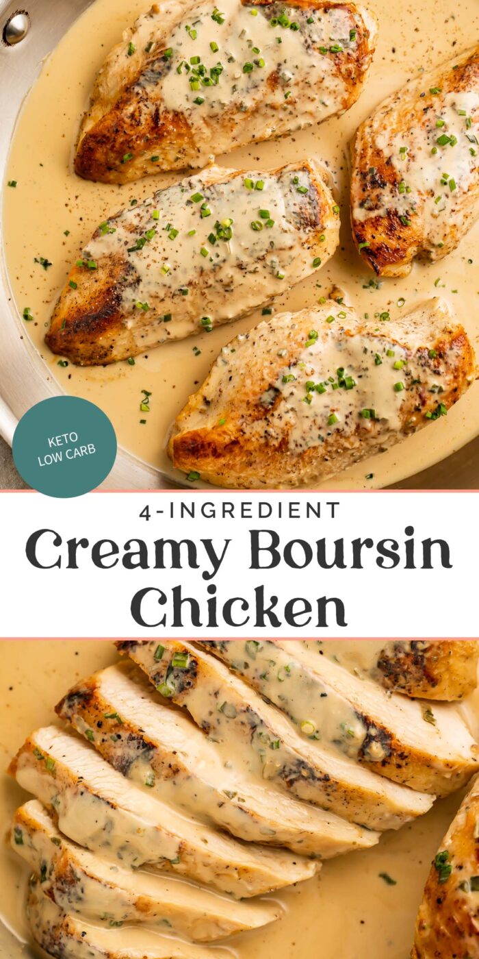 Pin graphic for creamy boursin chicken.