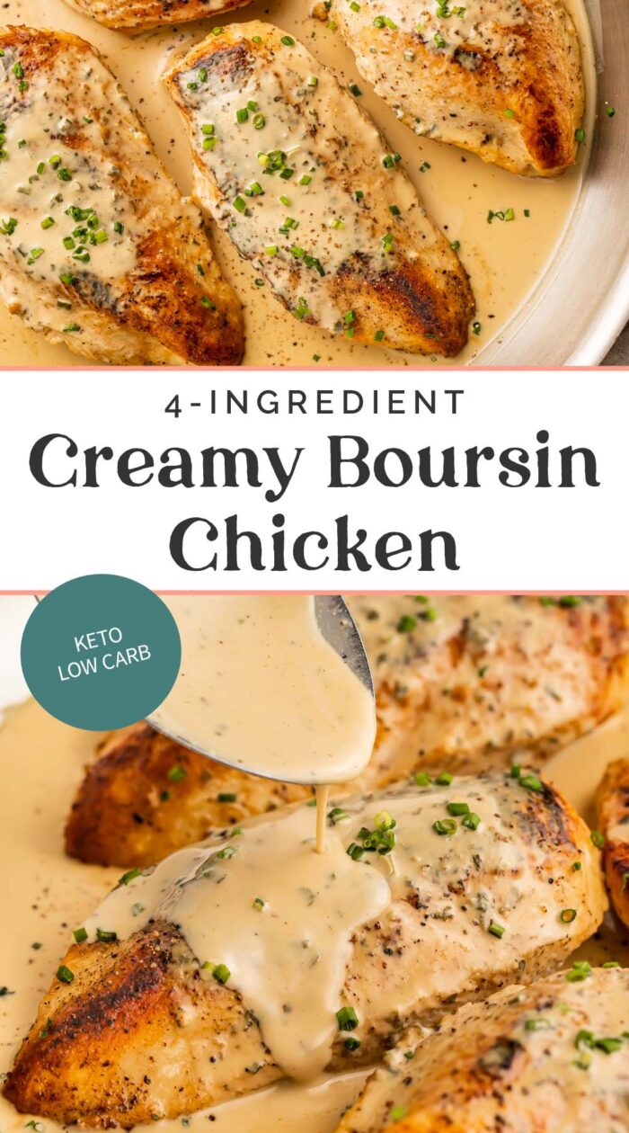 Pin graphic for creamy boursin chicken.