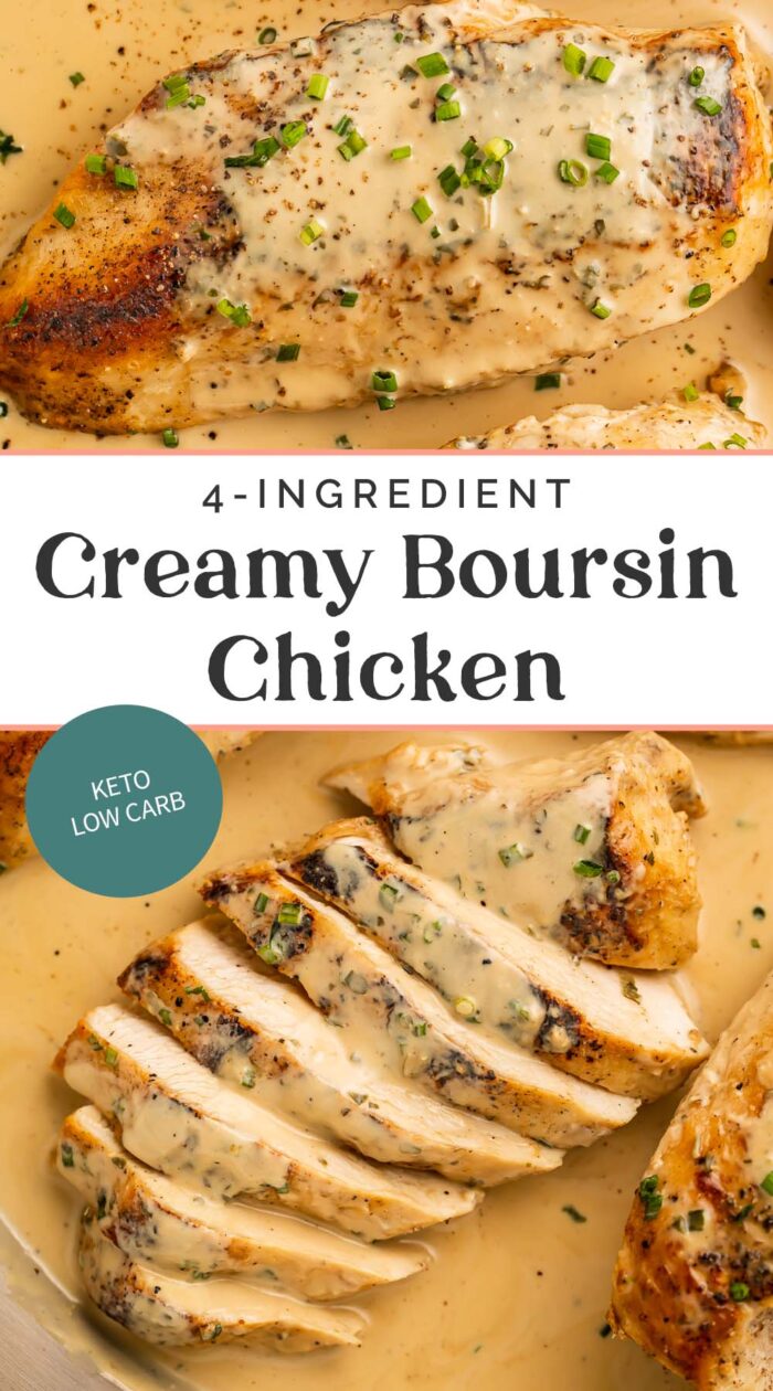 Pin graphic for creamy boursin chicken.