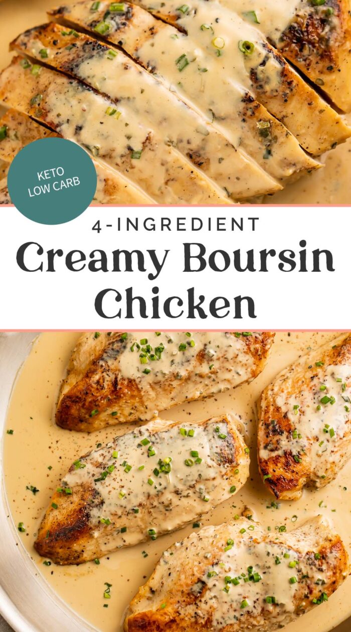 Pin graphic for creamy boursin chicken.