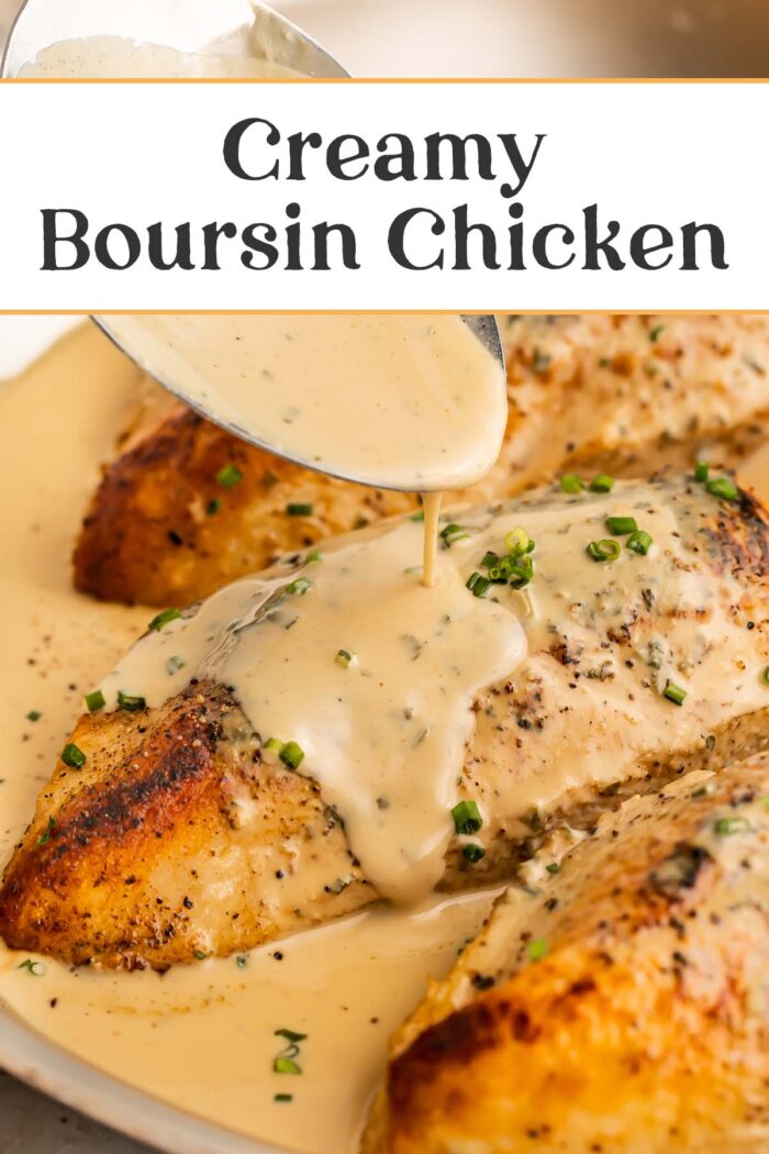 Pin graphic for creamy boursin chicken.