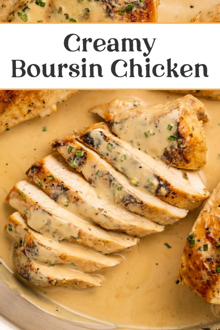 Pin graphic for creamy boursin chicken.