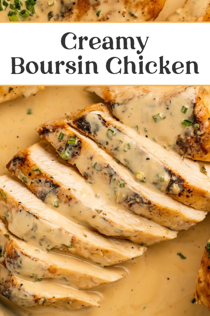 Pin graphic for creamy boursin chicken.