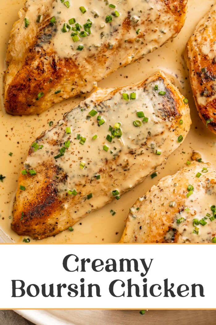 Pin graphic for creamy boursin chicken.