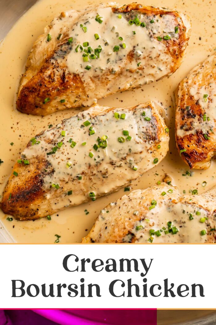 Pin graphic for creamy boursin chicken.