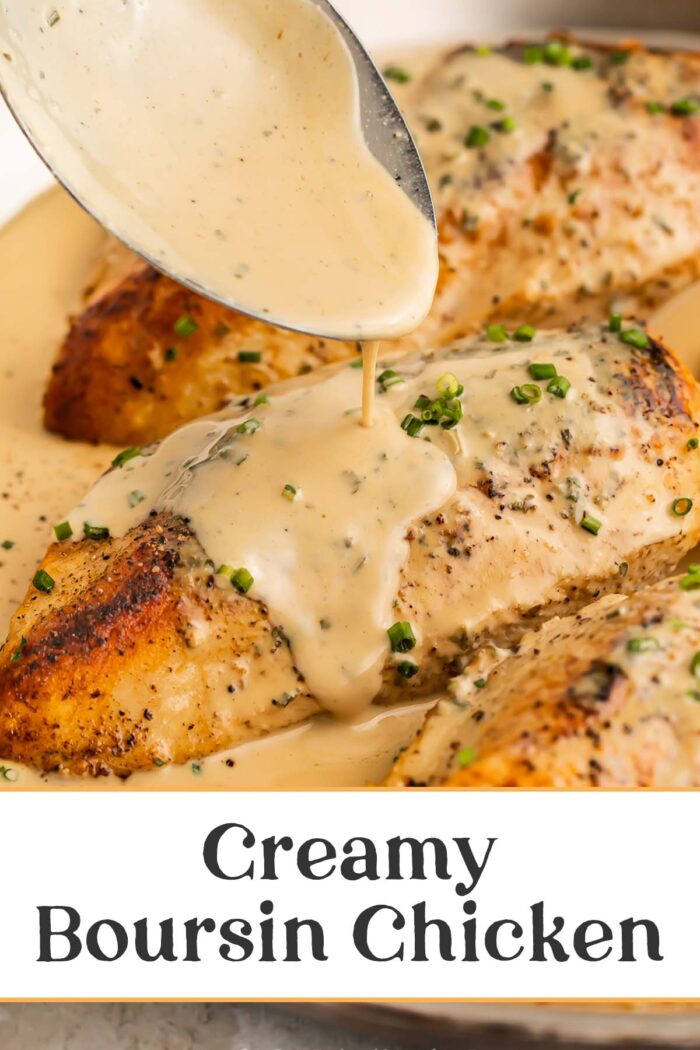 Pin graphic for creamy boursin chicken.