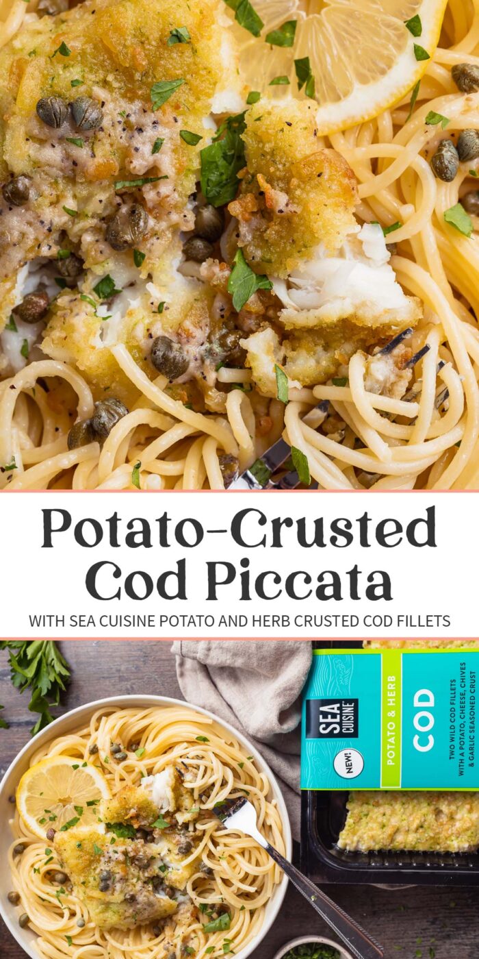 Pin graphic for potato-crusted cod piccata.