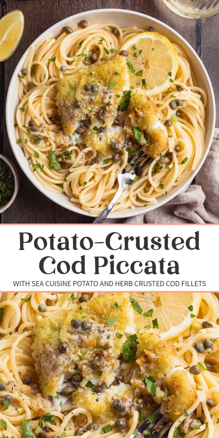 Pin graphic for potato-crusted cod piccata.