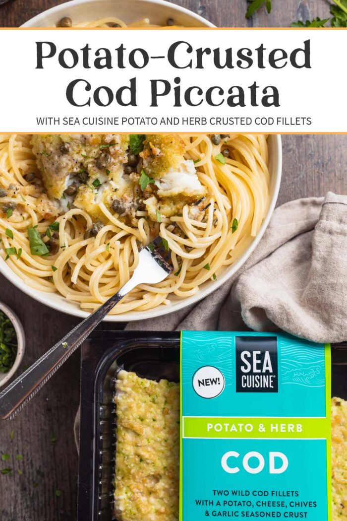 Pin graphic for potato-crusted cod piccata.